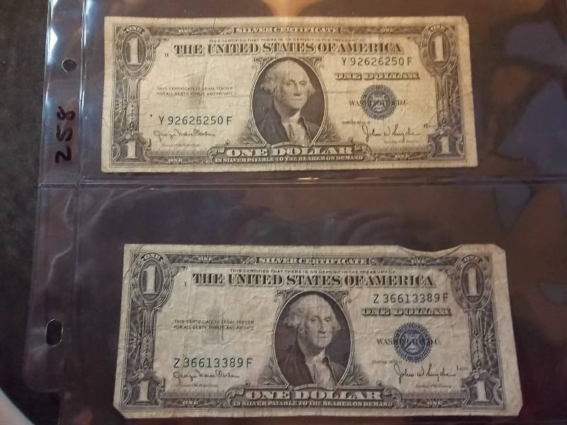 2 US One Dollar Silver Certificates 1935 D  Series