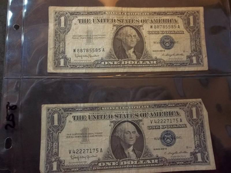 2 One Dollar Silver Certificates Series 1957 B