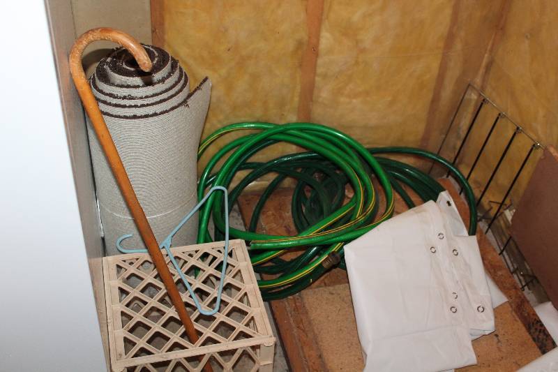 lot 9 image: Gardening Tools - Hose, Bucket, Broom, Crate, Wood