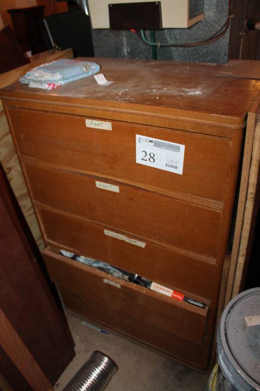 lot 28 image: 4-Drawer Wood Dresser w Contents - Paint Supplies, Electrical, Plumbing