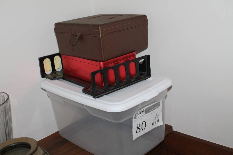 lot 80 image: Plastic Tote Bin w Lid, Paper In-Tray, Tin Box, Plastic Carry Case