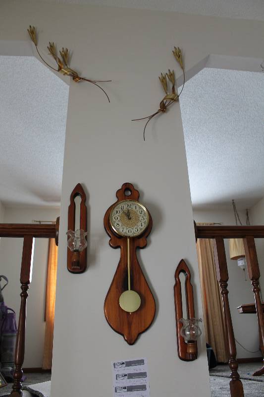 lot 144 image: Hanging House Dcor - Clock, 2) Candle Holders, And More