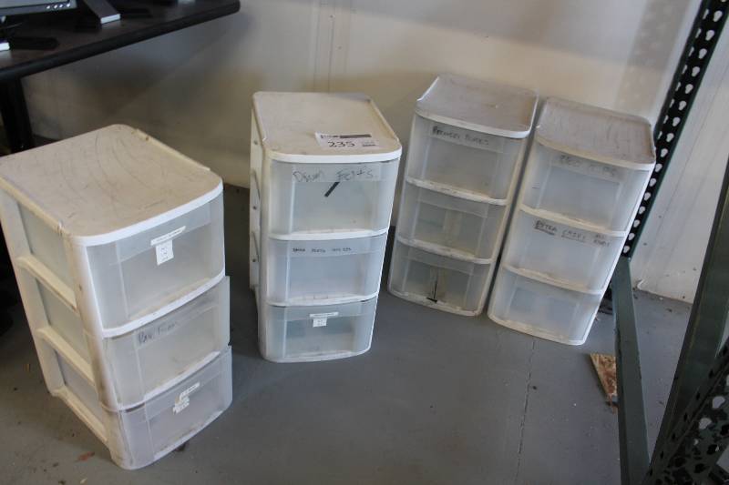 lot 235 image: Lot of (4) 3-Drawer Plastic Storage Bins