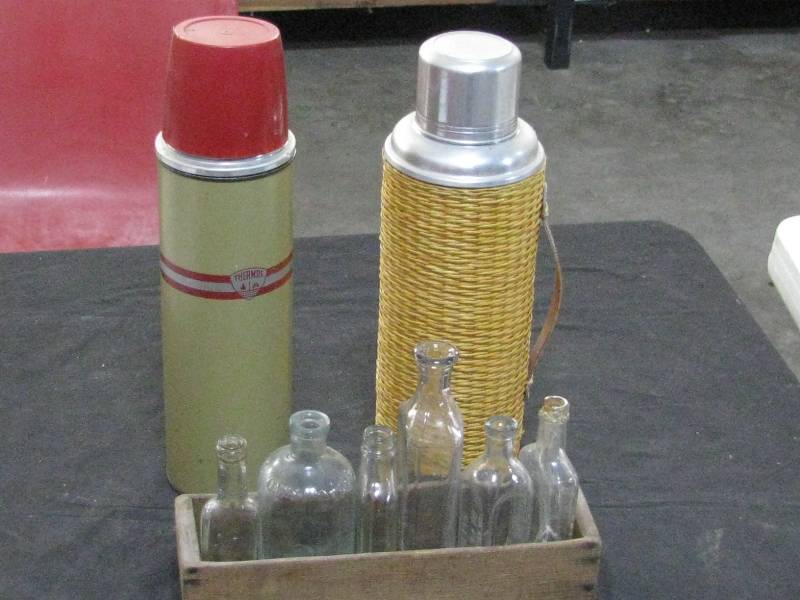 Thermos and Vintage Bottles