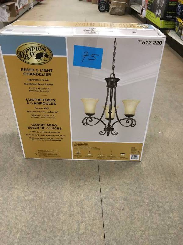 Hampton Bay Essex Collection 3 Light Chandelier Aged Black Finish Tea Stained Glass Shades
