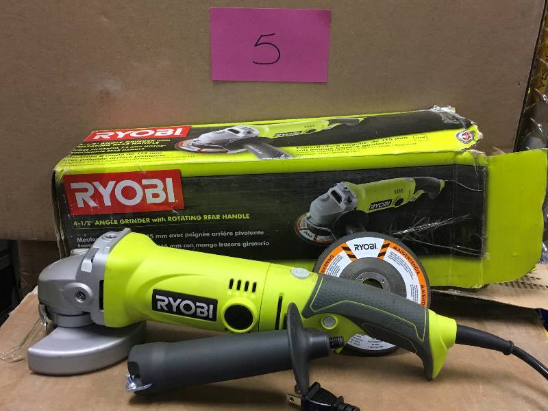 lot 5 image: Ryobi 4-12 Angle Grinder with Rotating Rear Handle used in working condition