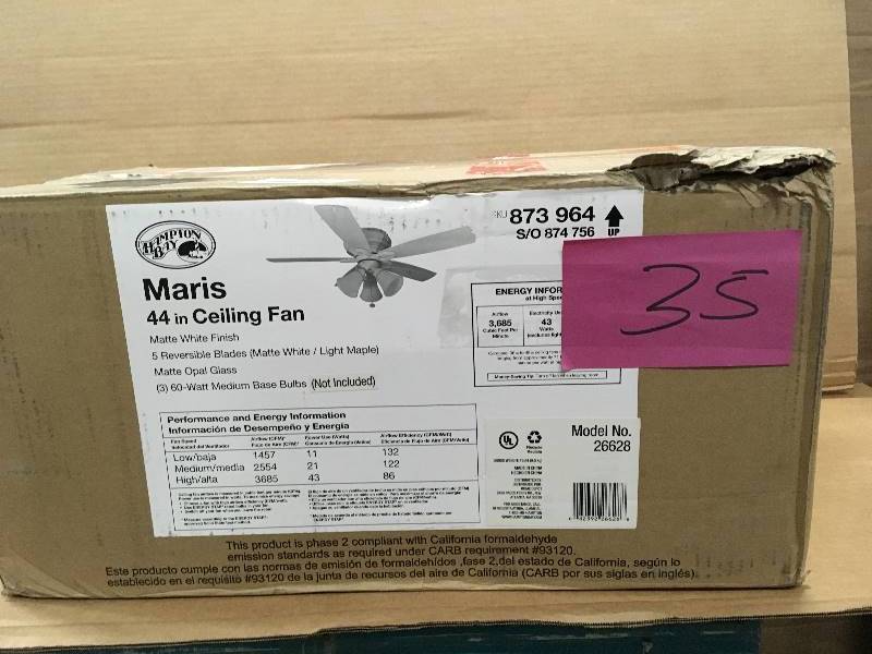 lot 35 image: Hampton Bay Maris 44 in White Ceiling Fan Light Kit Indoor Hugger 3-Speed 5 Reversible Blades