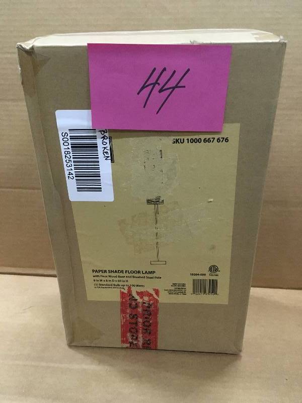 lot 44 image: Alsy 60 in. Brushed Nickel Floor Lamp with Paper Shade and Decorative Faux Wood Base