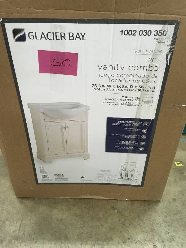 lot 50 image: Glacier Bay Valencia 26.38 in W x 17.5 in. D x 36.12 in. H Vanity in Cream with Porcelain Vanity Top in White with White Basin
