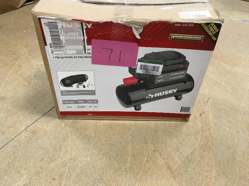 lot 71 image: Husky 2 gal oil free air compressor open box in like new condition