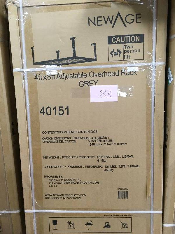 lot 83 image: New Age 4ft x 8 ft Adjustable Overhead Rack grey new