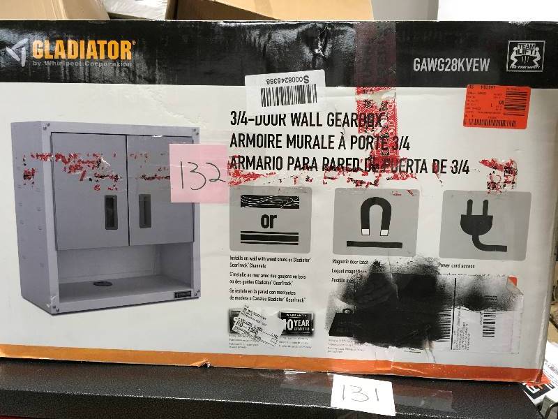 lot 132 image: Gladiator Ready to Assemble 28 in. H x 28 in. W x 12 in. D Steel 2-Door Garage Wall Cabinet with Shelf in White-GAWG28KVEW
