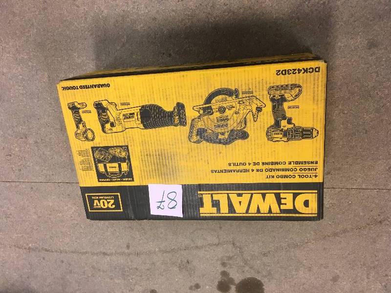 lot 87 image: Dewalt DCK423D2 20-Volt MAX Lithium-Ion Cordless Combo Kit (4-Tool) with (2) Batteries 2Ah, Charger and Contractor Bag open box not used