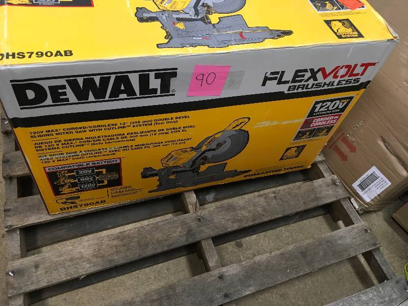 lot 90 image: DEWALT DHS790AB FLEXVOLT 120V MAX Double Bevel Compound Sliding Miter Saw with Adapter Only Open box Never used