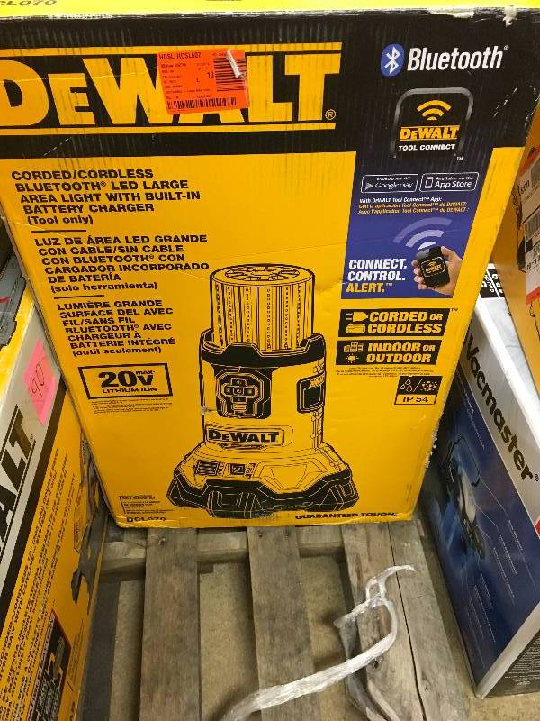 lot 94 image: DEWALT DCL070 20V MAX Bare Tool FLEXVOLT Bluetooth LED Area Light open box never used