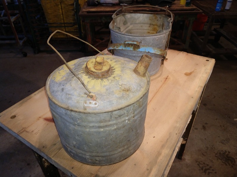 lot 48 image: Galvanized Gas Can, White Galvanized Mop Bucket