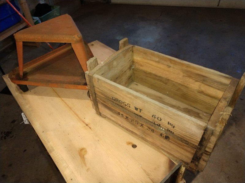 lot 49 image: Vintage Triangle Metal Creeper Mechanic Stool w Storage Tray and Old Wood Crate