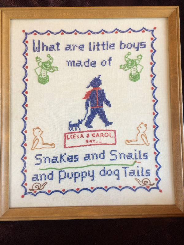 lot 19 image: Framed Cross stitch - What are Little Girls and Boys Made Of