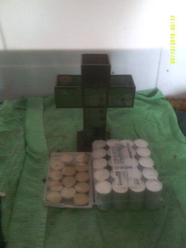 VINTAGE CROSS CANDLE HOLDER AND CANDLES