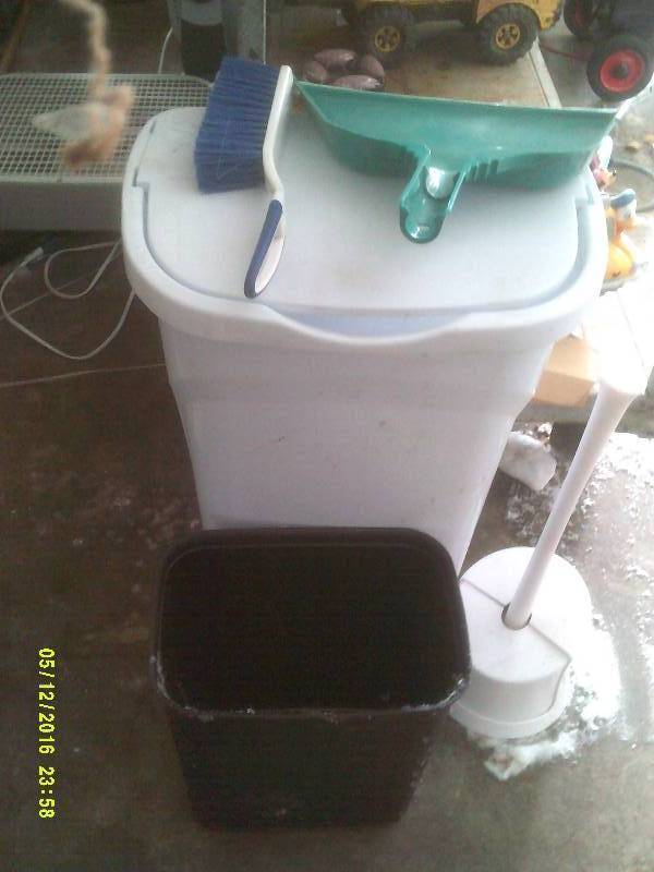 2 GARBAGE CANS 1 PLUNGER SMALL BROOM AND DUST PAN