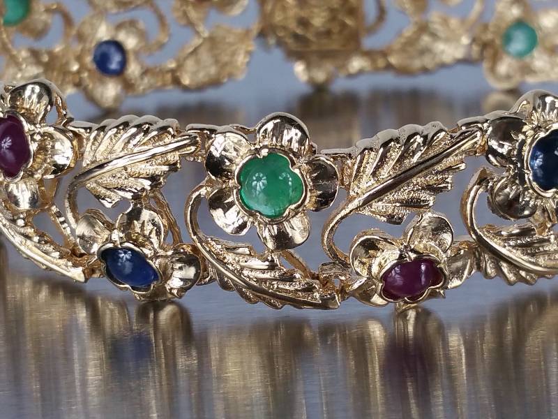 Genuine Ruby, Emerald, Sapphire Cabochon 14k Gold Bracelet - 26.4 Grams