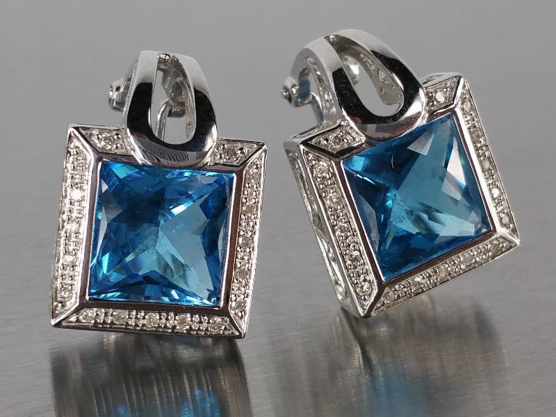 Blue Topaz and Diamond Signed Designer Earrings in 14k Gold