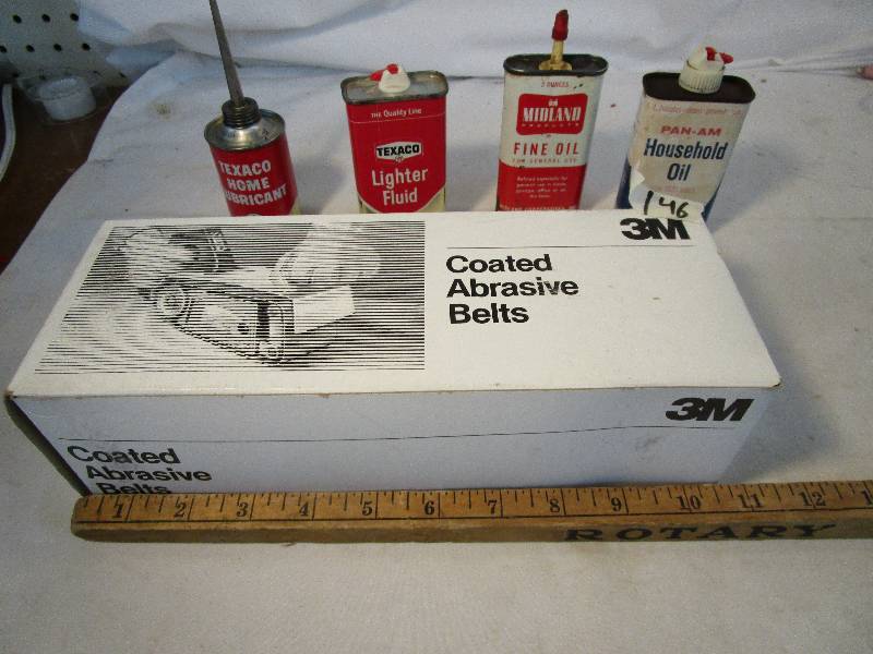 lot 17 image: Four Househod Iulers. Texaco Midland, Pan-Am, Texaco Lighter Fluid. Five 3M sanding belts, New, 3X24, 120 grit.