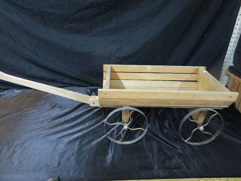 lot 41 image: Wood Wagon with Metal wheels, 43 long (including handle)  10 high and 12.5 iches wide