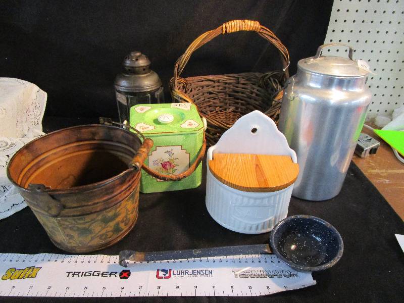 Milk bucket, salt keeper, Tin Pail, Lantern and Percelein Backet with Cover