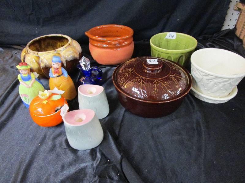 MCoy Planter, USA Candle Holders, Bean Pot and Various Bowls and Bells