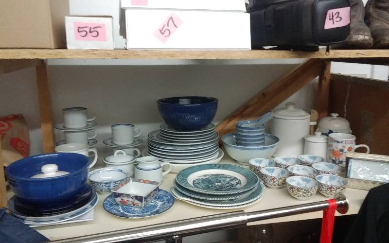 lot 22 image: Large Lot Of BlueWhite Dishes, Currier & Ives, Mikasa, Asian Soup & Tea Set, Canisters & More