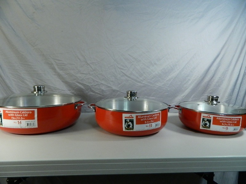 lot 10 image: 3 New Large Red Aluminum Caldero Pans with Glass Lids