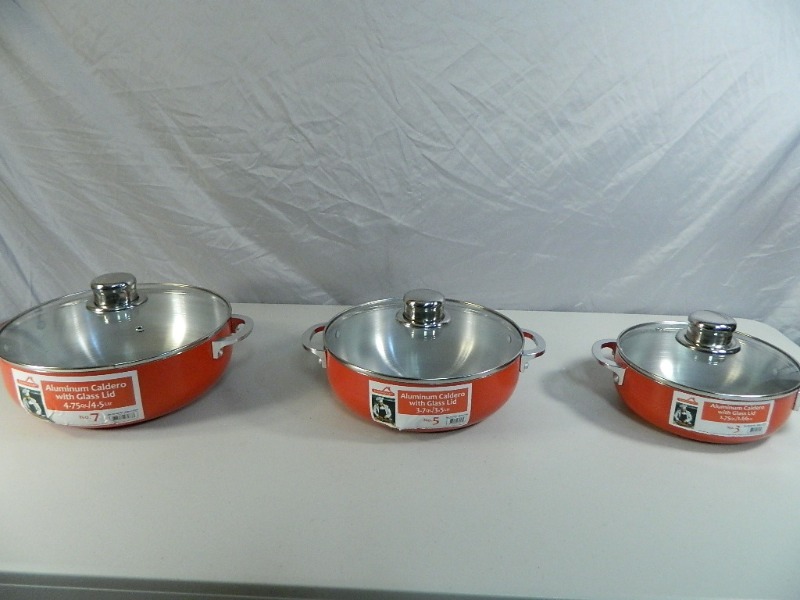 lot 11 image: 3 New Red Aluminum Caldero Pans with Glass Lids