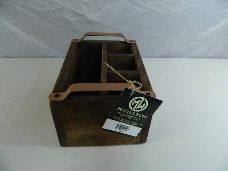 lot 22 image: New Acacia Condiment Caddy with Copper Handles