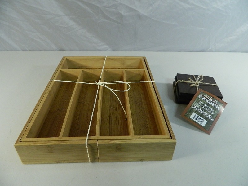 lot 26 image: New Wood Expandable Cutlery Organizer and Coaster Set