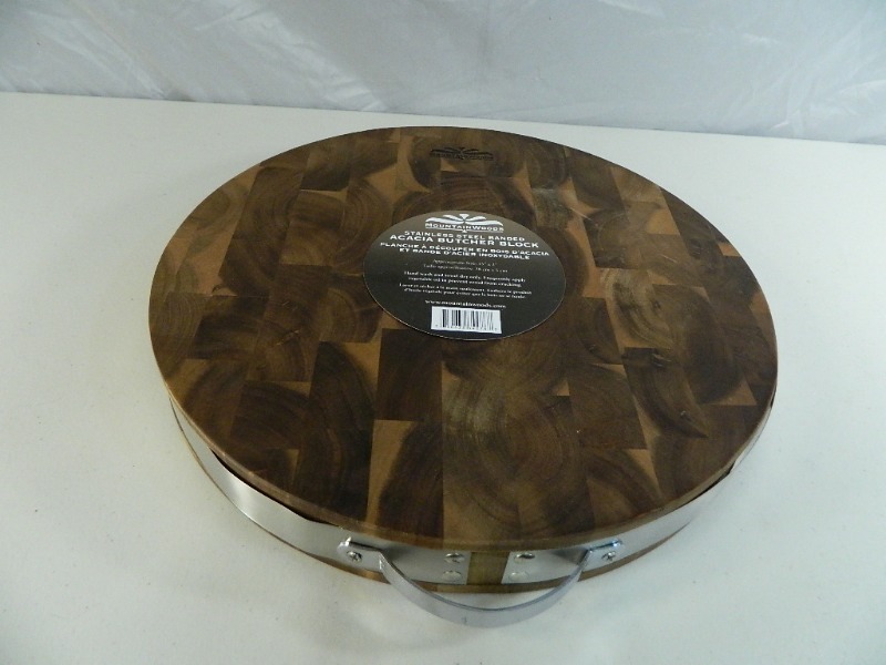 lot 35 image: New Acacia Stainless Steel Banded Extra Thick Cutting Board