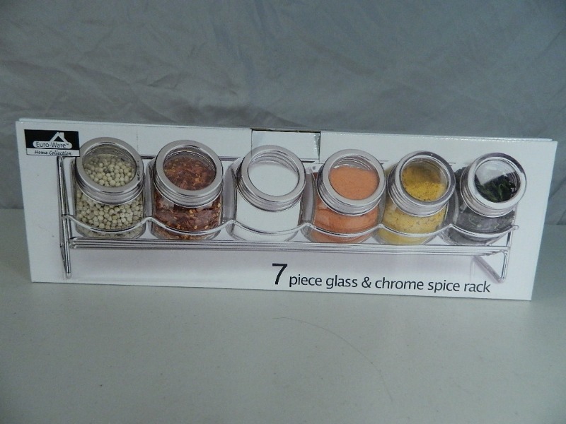 lot 147 image: New 7 Piece Glass and Chrome Spice Rack