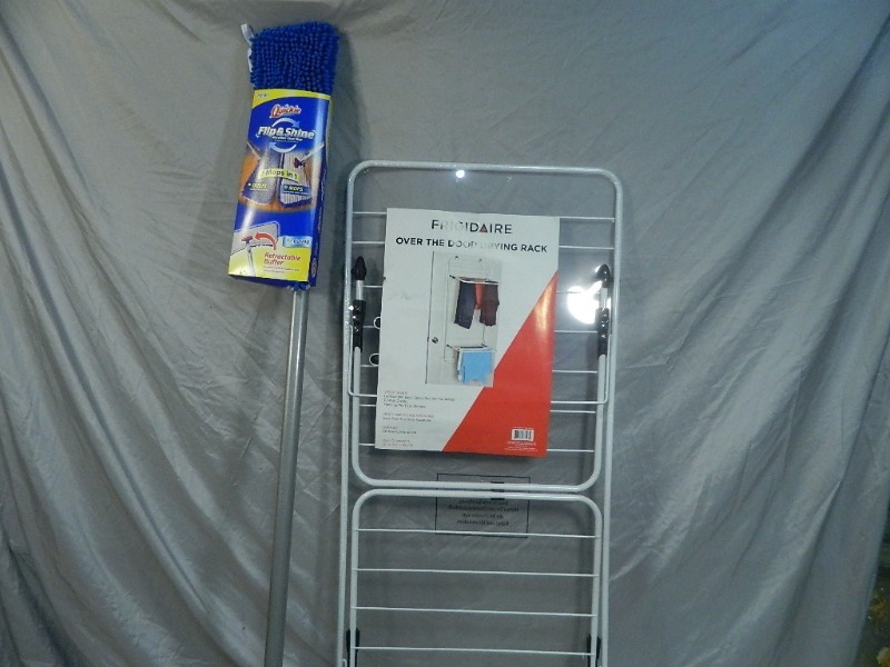 lot 214 image: New Frigidaire Over the Door Drying Rack and New Mop