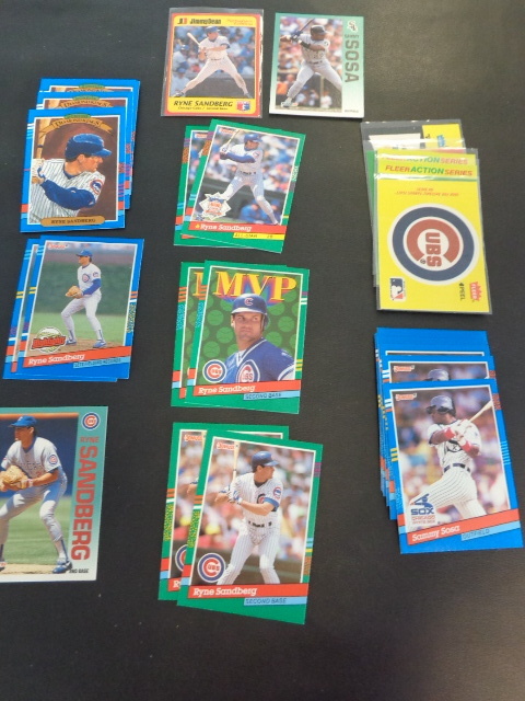 lot 77 image: Ryne Sandberg & Sammy Sosa Baseball Cards w Vintage Cub & Whites Sox Team Stickers