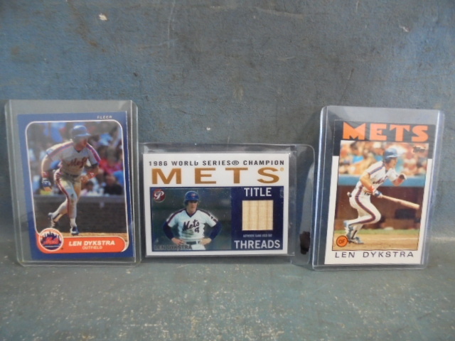 lot 109 image: Len Dykstra Game Used Jersey and Bat Card and 2 Rookie Cards