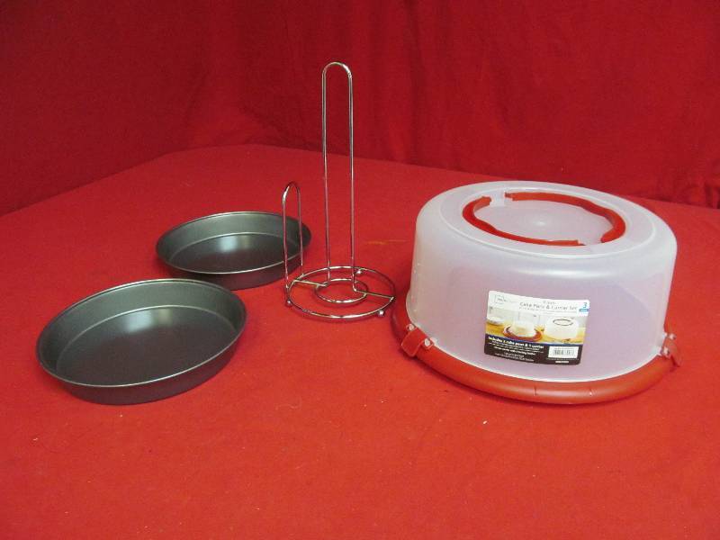 cake carrier, cake pans, towel holder