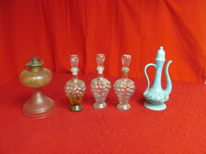oil lamp, liquor decanters, teapot