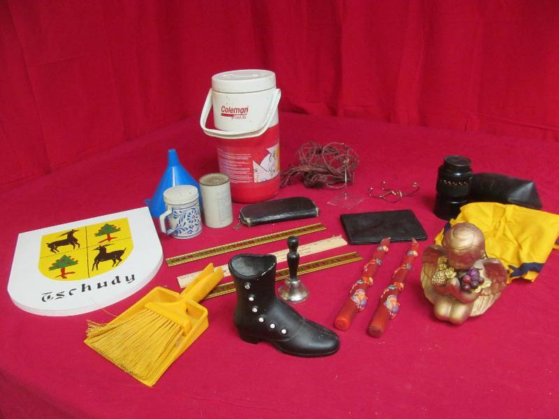 Coleman jug, Plant hanger, funnel, Celtic camera lens