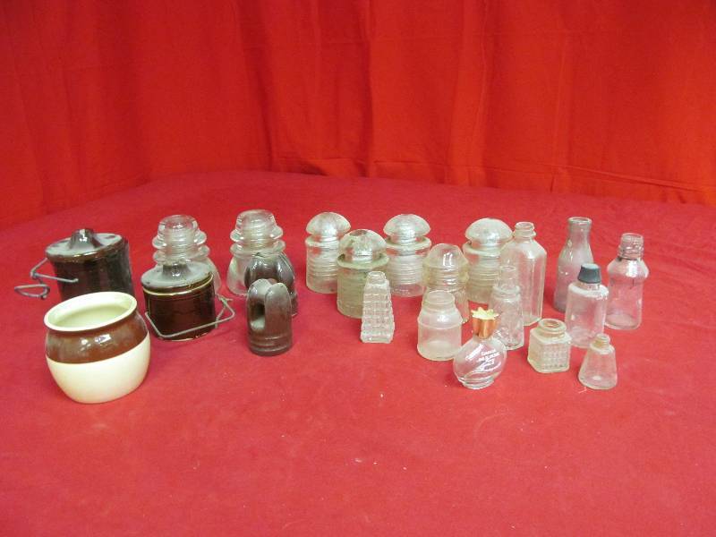 vintage bottles, vintage insulators, ceramic and glass