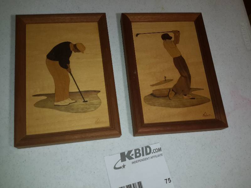lot 75 image: 2 nice golf theme, inlay art pieces.. Solid wood