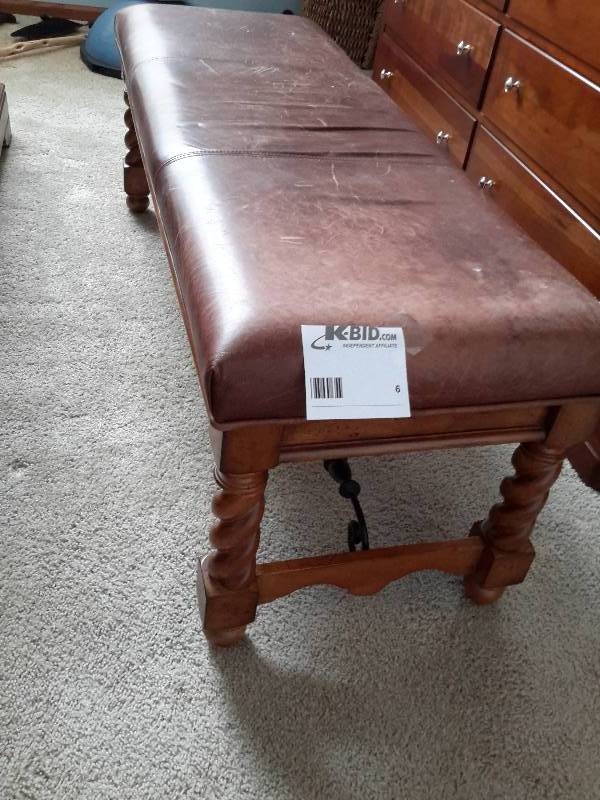 lot 6 image: Leather with Wood and Metal Frame BenchSettee Excellent shape