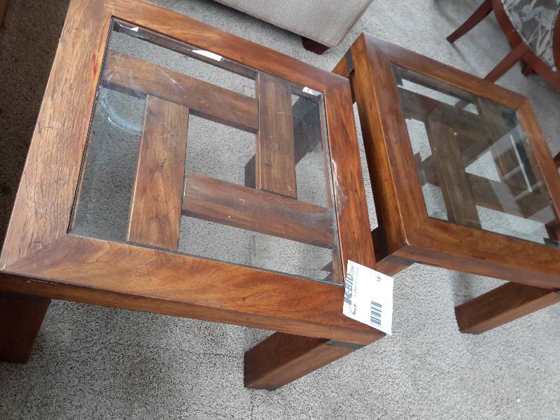 lot 18 image: Glass top and wood end tables..