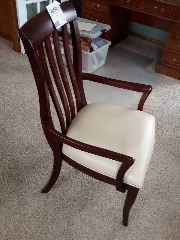 lot 14 image: Beautiful walnut Side chair with spindle back and offf white leather seat