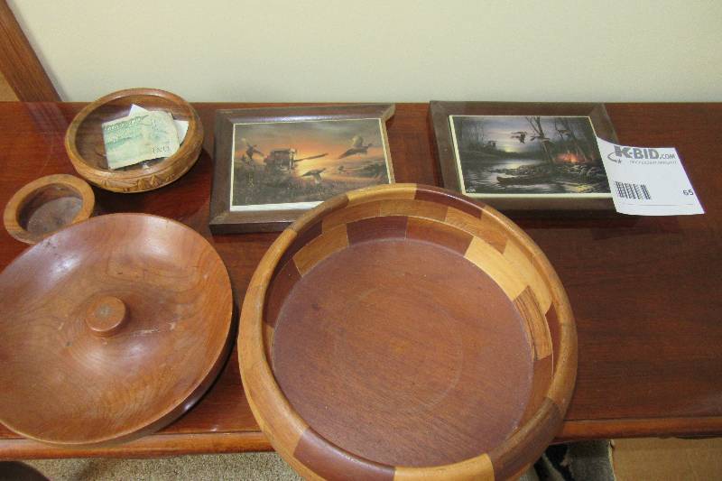 lot 65 image: wooden bowls and 2 pictures as pictured.  2 Terry Redlin Prints