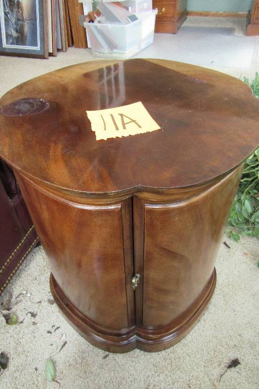 lot 11A image: Nice burled wood round side table cabinet with door